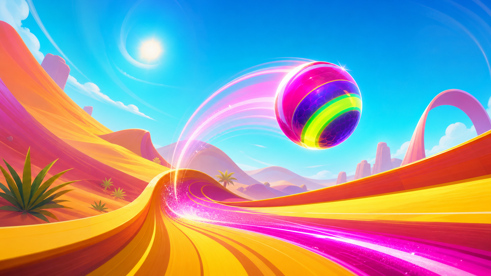 Neon ball flipping above a curved drift track in Flip Drift Rush